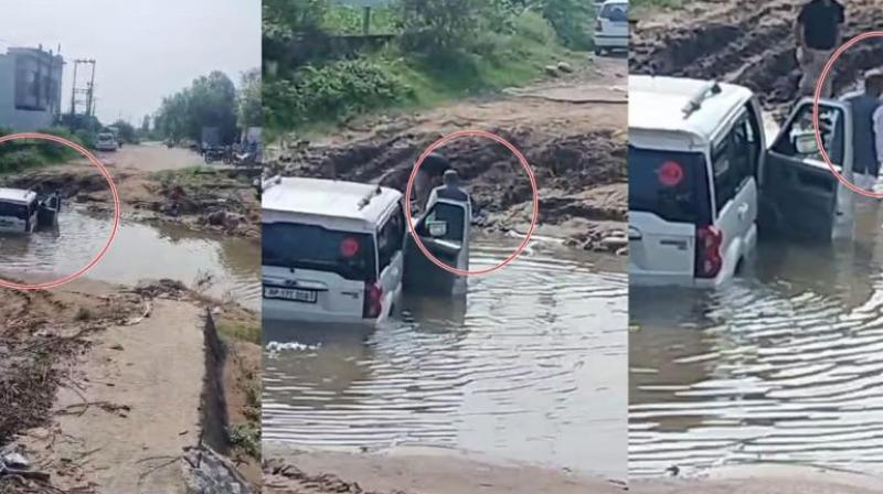 BJP MLA Sukhram Chaudhary Car Stuck Ravine Paonta Sahib News in Hindi