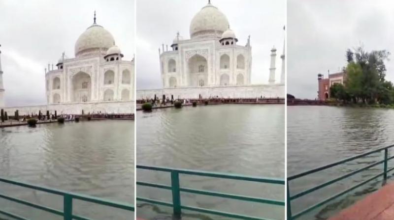 Heavy rain in Agra, water leaking from the main dome of Taj Mahal news in hindi