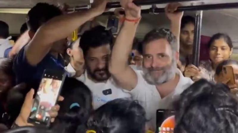 Rahul Gandhi seen traveling in government bus with common people in Hyderabad