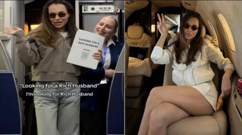 woman with social media profile qr code makes mid flight plea rich husband on plane viral video