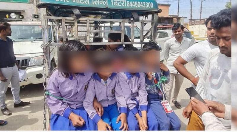  School Children Tied With Rope In E rickshaw at UP's Amroha Video Viral