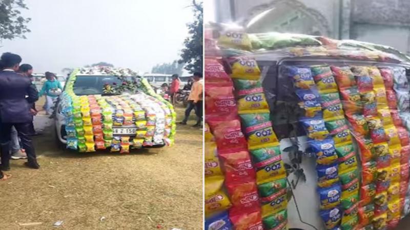groom car decorated with chips kurkure packet funny viral video