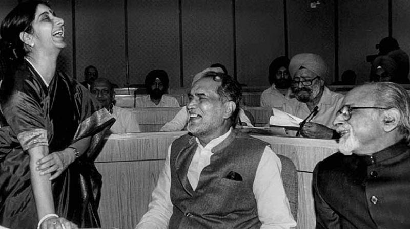  (PTI File Photo)  Former Prime Minister Chandrashekhar between Sushma Swaraj and IK Gujral